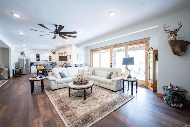 8615 W 450 S, Hudson, IN 46747 - living area with dark wood-type flooring, ceiling fan, a textured ceiling, recessed lighting, and baseboards