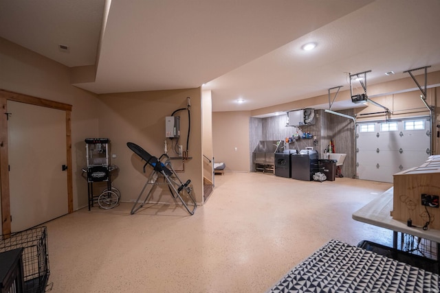 8615 W 450 S, Hudson, IN 46747 - garage featuring a garage door opener and recessed lighting