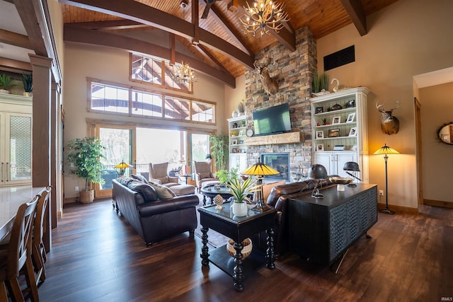 8615 W 450 S, Hudson, IN 46747 - living area with a chandelier, high vaulted ceiling, wood ceiling with exposed beams, wood-type flooring, and a fireplace