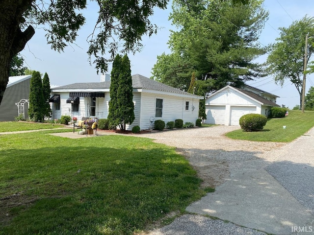 138 N Harrison St, Bloomfield, IN 47424 - ranch-style home with a garage, an outdoor structure, a front yard, and a chimney