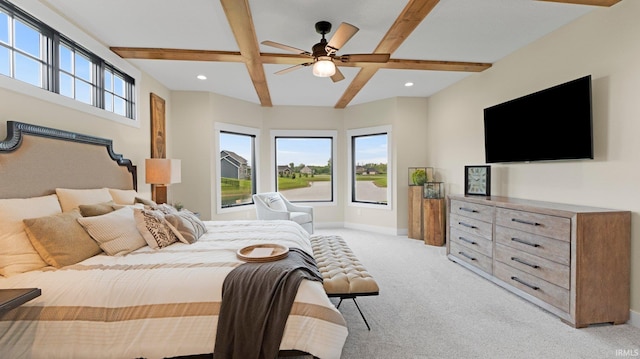 5272 Greyson Heights Dr, Auburn, IN 46706 - bedroom featuring light colored carpet, baseboards, recessed lighting, beam ceiling, and ceiling fan