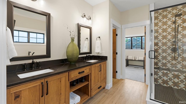 5272 Greyson Heights Dr, Auburn, IN 46706 - bathroom with double vanity, wood finished floors, and a shower stall