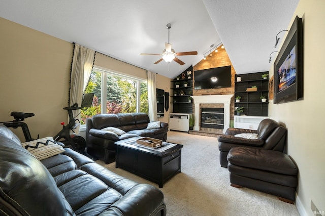 16316 Thunderbird Rd, Huntertown, IN 46748 - living room featuring carpet floors, ceiling fan, lofted ceiling, a large fireplace, and built in features