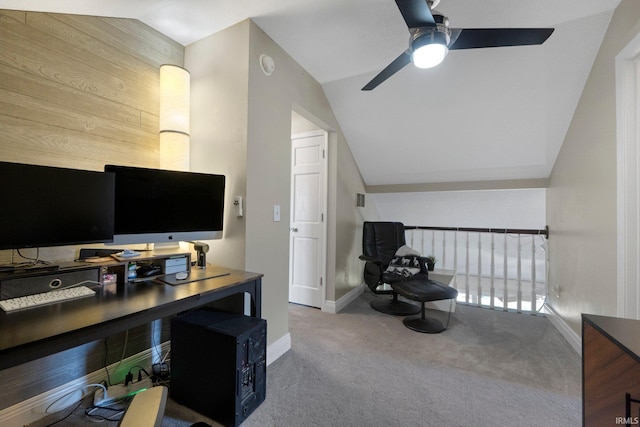 16316 Thunderbird Rd, Huntertown, IN 46748 - office space featuring ceiling fan, carpet flooring, vaulted ceiling, and baseboards
