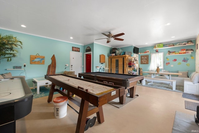 16316 Thunderbird Rd, Huntertown, IN 46748 - recreation room with ceiling fan, pool table, recessed lighting, and crown molding
