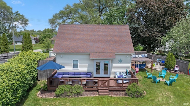 16316 Thunderbird Rd, Huntertown, IN 46748 - rear view of house with an outdoor hangout area, a wooden deck, french doors, and a shingled roof