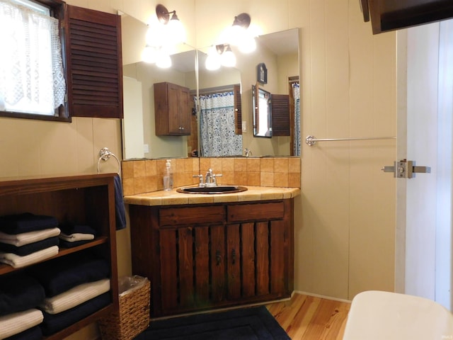 9381 E Promontory Point Dr, Syracuse, IN 46567 - full bath featuring vanity, wood finished floors, tasteful backsplash, a shower with curtain, and toilet
