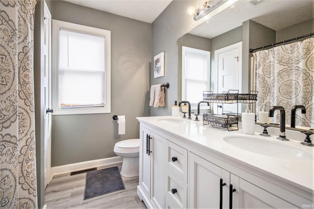 55705 Sichuan Dr, Osceola, IN 46561 - full bath featuring double vanity, toilet, baseboards, and wood finished floors