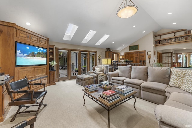 1365 W 15th St, Jasper, IN 47546 - living area with light colored carpet, recessed lighting, a skylight, french doors, and high vaulted ceiling