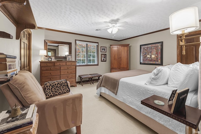 1365 W 15th St, Jasper, IN 47546 - bedroom with light colored carpet, crown molding, a textured ceiling, and ceiling fan