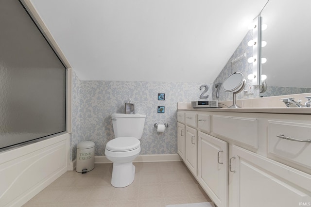 1365 W 15th St, Jasper, IN 47546 - full bathroom featuring vaulted ceiling, vanity, toilet, wallpapered walls, and shower / tub combination