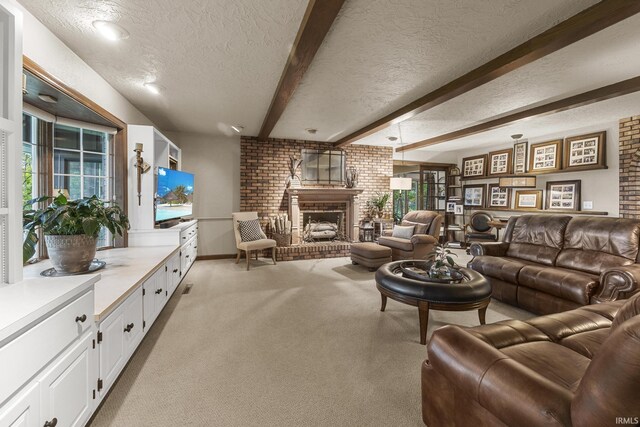 1365 W 15th St, Jasper, IN 47546 - living area featuring a textured ceiling, beamed ceiling, light colored carpet, plenty of natural light, and a brick fireplace