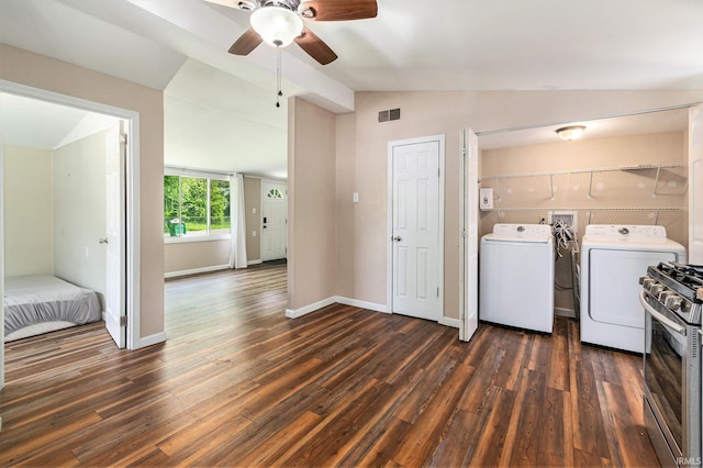 17016 Ruthie Ave, South Bend, IN 46635 - laundry area featuring washing machine and dryer, a ceiling fan, dark wood finished floors, and baseboards