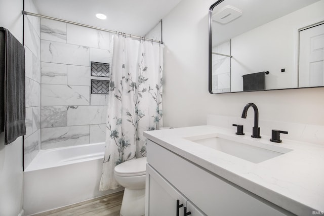 61156 Old Spanish Trl, South Bend, IN 46614 - bathroom with vanity, wood finished floors, shower / bathtub combination with curtain, toilet, and recessed lighting