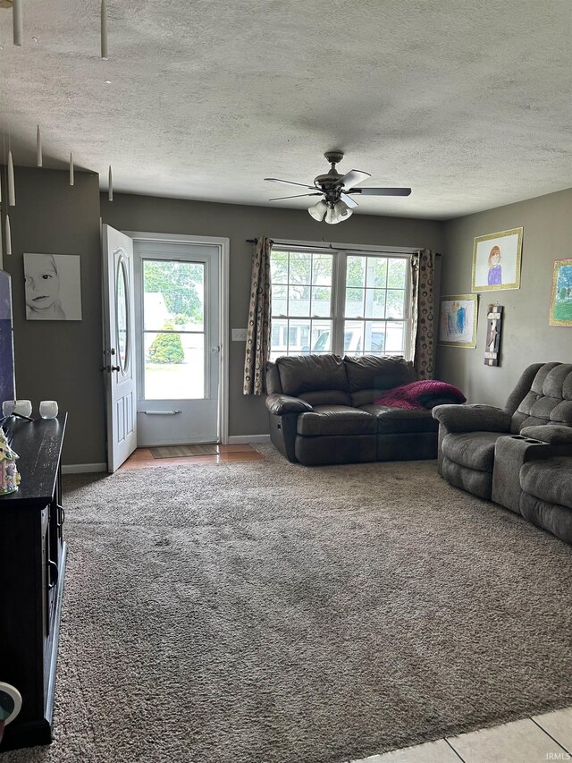 1406 Hillcrest Rd, Bedford, IN 47421 - living room with a ceiling fan, a textured ceiling, plenty of natural light, carpet floors, and baseboards