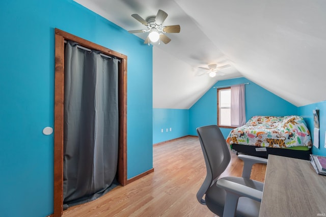 303 Shrack Ln, Dunkirk, IN 47336 - bedroom with wood finished floors, vaulted ceiling, ceiling fan, and baseboards