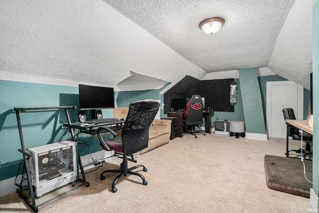 407 N Front St, North Manchester, IN 46962 - home office with a textured ceiling, carpet flooring, vaulted ceiling, and baseboards
