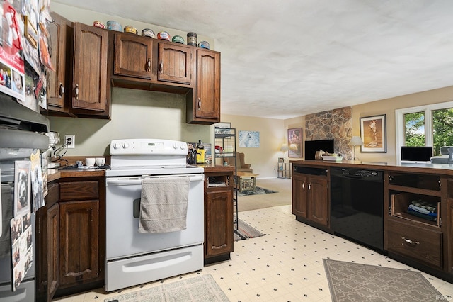 17411 Woodhurst Rd, Granger, IN 46530 - kitchen featuring white range with electric cooktop, dishwasher, open floor plan, and dark brown cabinetry