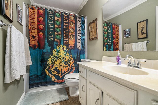 17411 Woodhurst Rd, Granger, IN 46530 - full bath featuring crown molding, vanity, toilet, tile patterned flooring, and curtained shower