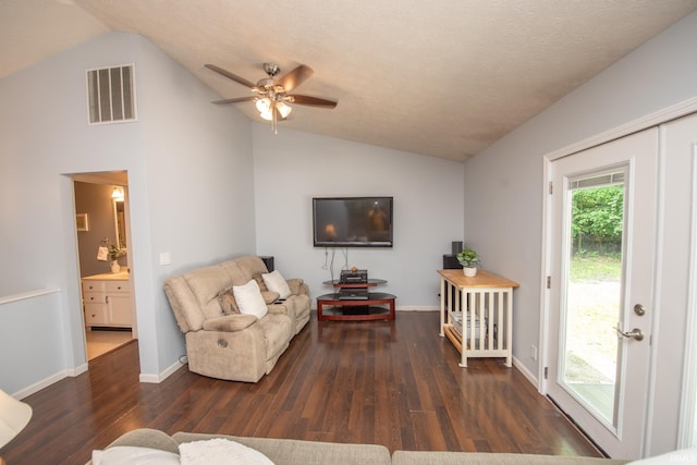 1153 N Diamond Point Ct, Monticello, IN 47960 - living room featuring vaulted ceiling, wood finished floors, a ceiling fan, and baseboards