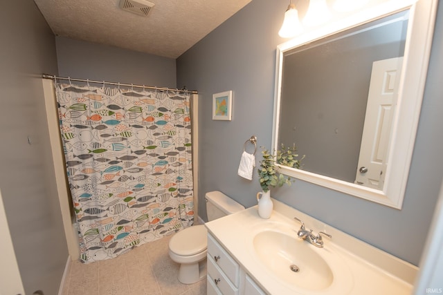 1153 N Diamond Point Ct, Monticello, IN 47960 - bathroom with vanity, toilet, a textured ceiling, a shower with shower curtain, and tile patterned flooring