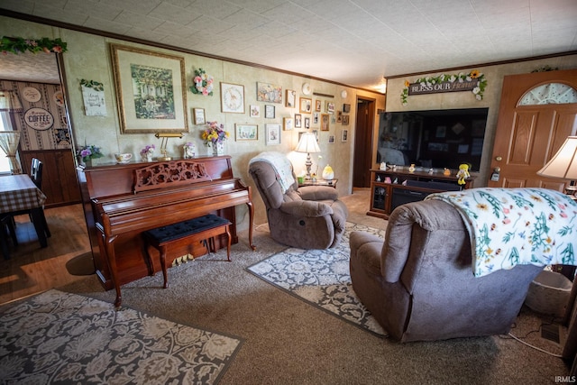 12350 Cedar Rd, Bourbon, IN 46504 - carpeted living room with ornamental molding