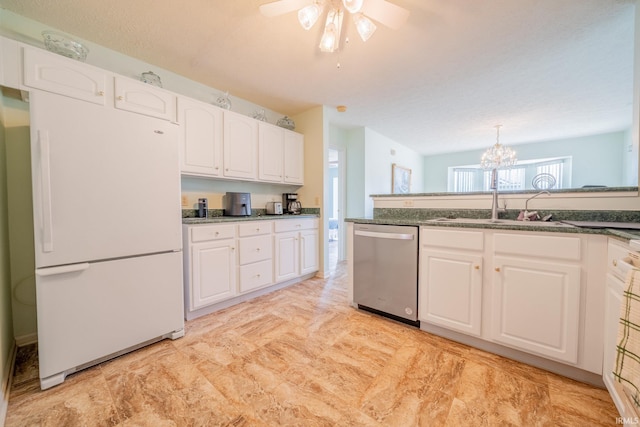 1843 Valley View Dr, Kokomo, IN 46902 - kitchen featuring freestanding refrigerator, stainless steel dishwasher, a sink, and white cabinets