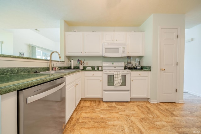 1843 Valley View Dr, Kokomo, IN 46902 - kitchen with white appliances, a sink, white cabinets, and dark countertops