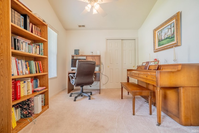 1843 Valley View Dr, Kokomo, IN 46902 - office featuring carpet flooring, vaulted ceiling, and ceiling fan