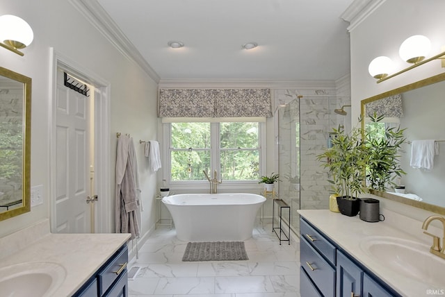 11130 Summitree Ct, Evansville, IN 47725 - full bath with a shower stall, two vanities, a freestanding tub, ornamental molding, and marble finish floors