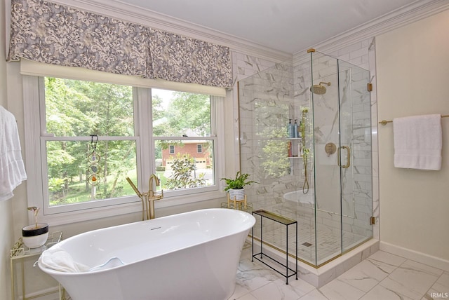 11130 Summitree Ct, Evansville, IN 47725 - full bathroom with crown molding, a freestanding bath, plenty of natural light, a stall shower, and marble look tile flooring