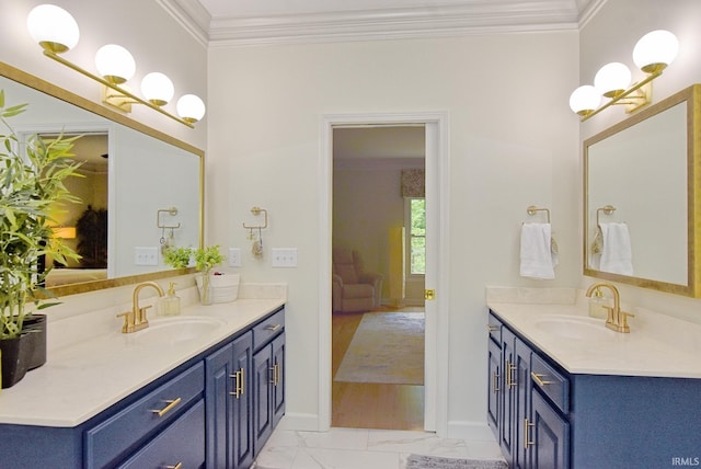 11130 Summitree Ct, Evansville, IN 47725 - ensuite bathroom featuring marble look tile flooring, two vanities, ornamental molding, and baseboards