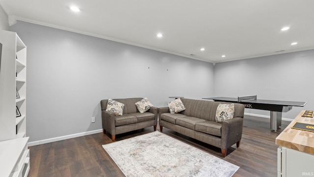 12946 Magnolia Creek Trl, Fort Wayne, IN 46814 - living room featuring ornamental molding, recessed lighting, dark wood-style floors, and baseboards