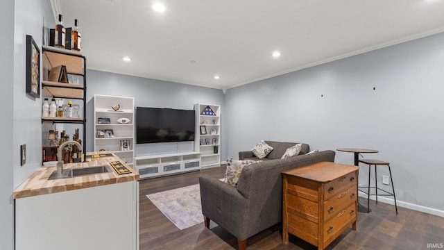 12946 Magnolia Creek Trl, Fort Wayne, IN 46814 - living area featuring crown molding, dark wood-type flooring, recessed lighting, bar, and baseboards