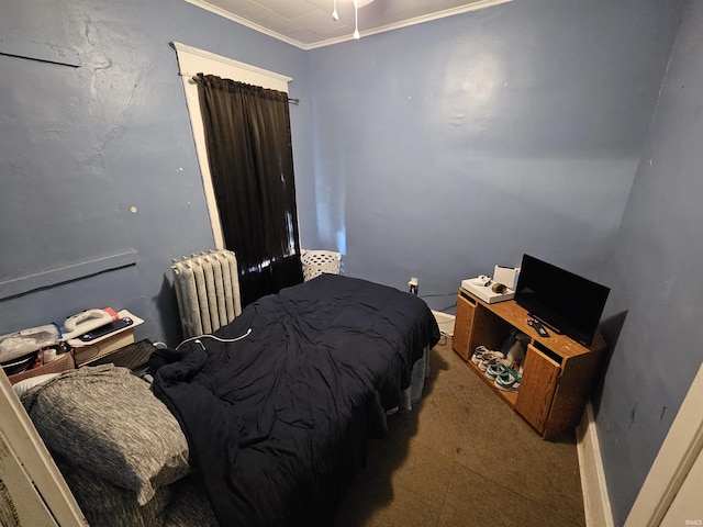 209 Seminary St, Vincennes, IN 47591 - carpeted bedroom with radiator, crown molding, and baseboards
