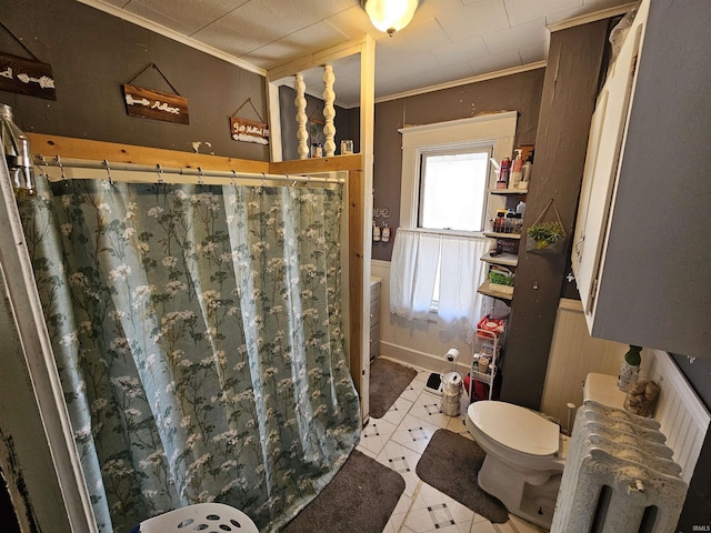 209 Seminary St, Vincennes, IN 47591 - full bath with toilet, ornamental molding, wainscoting, tile patterned flooring, and a shower with curtain
