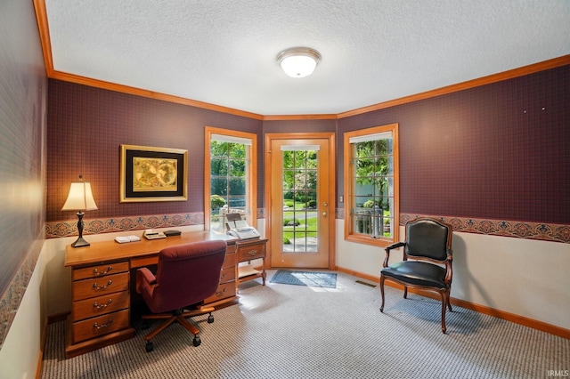 6011 W Wallen Rd, Fort Wayne, IN 46818 - home office featuring crown molding, a textured ceiling, baseboards, and carpet floors