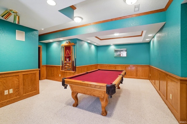 6011 W Wallen Rd, Fort Wayne, IN 46818 - recreation room featuring a wainscoted wall, crown molding, carpet flooring, billiards, and recessed lighting