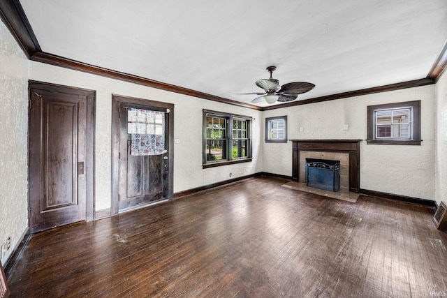 2217 Inglewood Pl, South Bend, IN 46616 - unfurnished living room with a textured wall, ornamental molding, dark wood-style floors, baseboards, and a fireplace with flush hearth