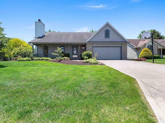 509 Water Meade Pl, Fort Wayne, IN 46825 - view of front facade with a front yard, concrete driveway, an attached garage, a chimney, and a porch