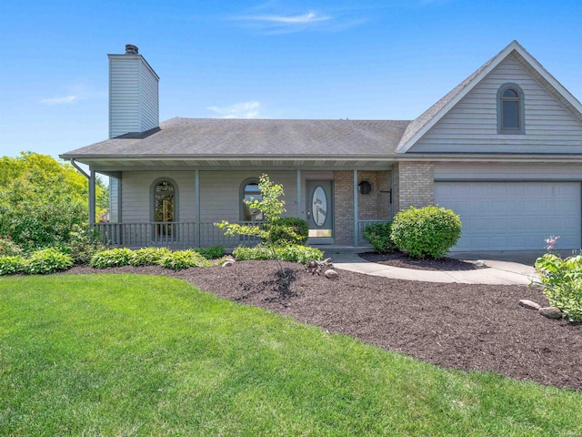 509 Water Meade Pl, Fort Wayne, IN 46825 - view of front of home with a porch, a front lawn, a chimney, a shingled roof, and a garage