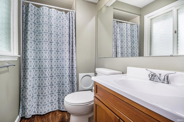 1708 Canterbury Dr, Elkhart, IN 46514 - bathroom featuring vanity, toilet, wood finished floors, and curtained shower