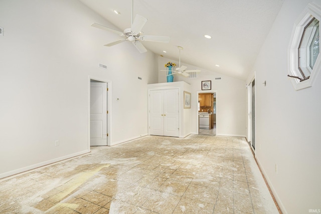 8056 E N Rd, Syracuse, IN 46567 - unfurnished living room with high vaulted ceiling, ceiling fan, recessed lighting, and baseboards