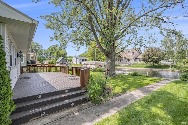 8056 E N Rd, Syracuse, IN 46567 - wooden terrace featuring a lawn and a residential view