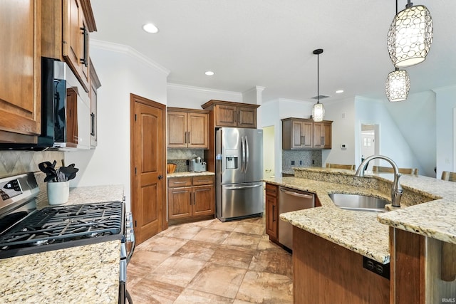 16265 Gemma Pass, Huntertown, IN 46748 - kitchen featuring stainless steel appliances, a sink, crown molding, hanging light fixtures, and tasteful backsplash