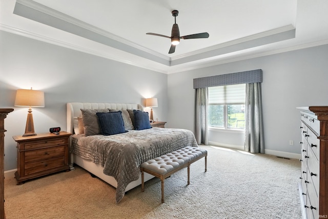16265 Gemma Pass, Huntertown, IN 46748 - bedroom with a raised ceiling, light carpet, ornamental molding, baseboards, and ceiling fan