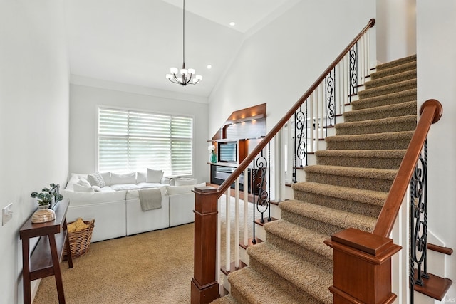 16265 Gemma Pass, Huntertown, IN 46748 - stairs featuring vaulted ceiling, carpet, and a chandelier