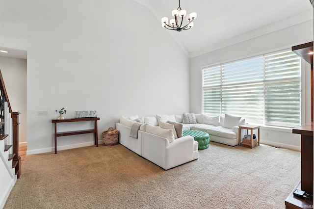 16265 Gemma Pass, Huntertown, IN 46748 - living area featuring a chandelier, carpet floors, baseboards, stairway, and high vaulted ceiling