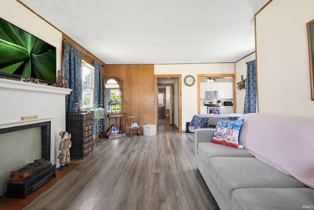 913 Cedar St, Elkhart, IN 46514 - living area with wood finished floors, a fireplace with flush hearth, and wooden walls