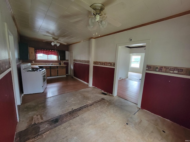 257 Center St, Auburn, IN 46706 - kitchen with white gas range oven, a ceiling fan, and crown molding